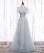 Gray A line Tulle Long Prom Dresses, Gray Formal Bridesmaid Dresses