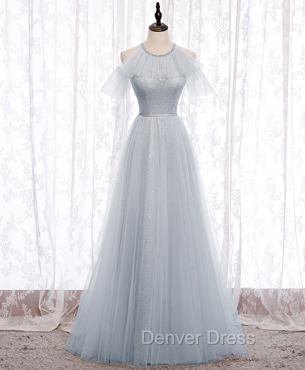 Gray A line Tulle Long Prom Dresses, Gray Formal Bridesmaid Dresses