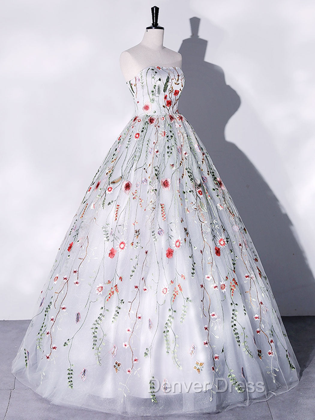 Gray A-LIne Tulle Long Prom Dresses, Gray Formal Evening Dresses