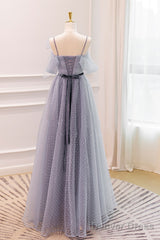 Gray A-Line Tulle Long Prom Dresses, Gray Formal Evening Dresses