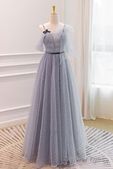 Gray A-Line Tulle Long Prom Dresses, Gray Formal Evening Dresses