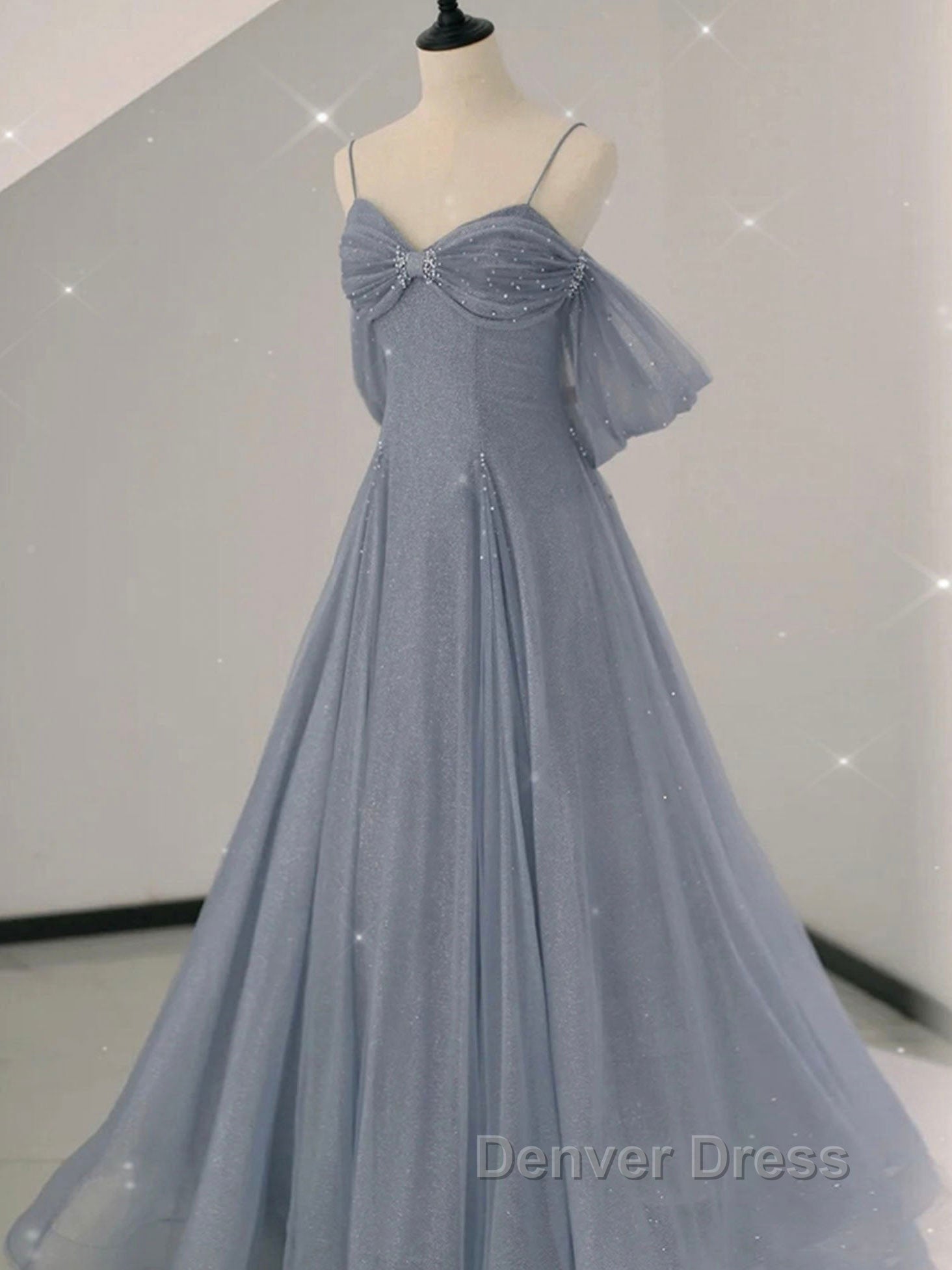 Gray A Line tulle off shoulder prom Dress, gray long Prom Dresses Secondary image