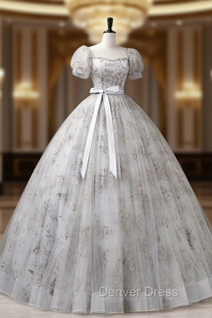 Gray A-Line Tulle Sequin Long Prom Dresses, Gray Tulle Sweet 16 Dresses