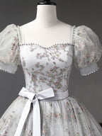 Gray A-Line Tulle Sequin Long Prom Dresses, Gray Tulle Sweet 16 Dresses