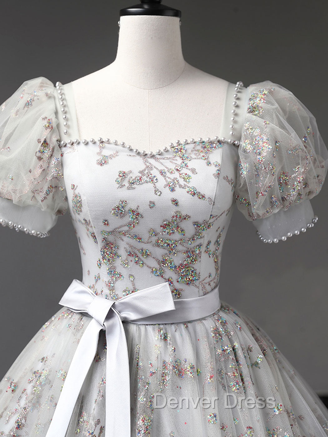 Gray A-Line Tulle Sequin Long Prom Dresses, Gray Tulle Sweet 16 Dresses