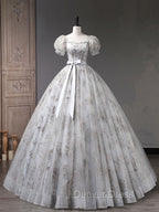 Gray A-Line Tulle Sequin Long Prom Dresses, Gray Tulle Sweet 16 Dresses