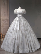 Gray A Line Tulle Sequin Long Prom Dress, Gray Tulle Sweet 16 Dresses