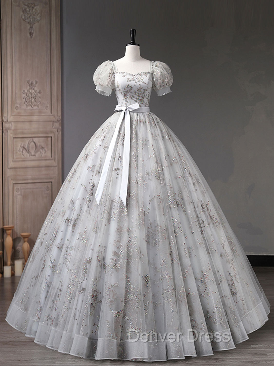 Gray A Line Tulle Sequin Long Prom Dress, Gray Tulle Sweet 16 Dresses