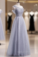 Gray Aline Long Prom Dresses, One Shoulder Gray Formal Party Dresses