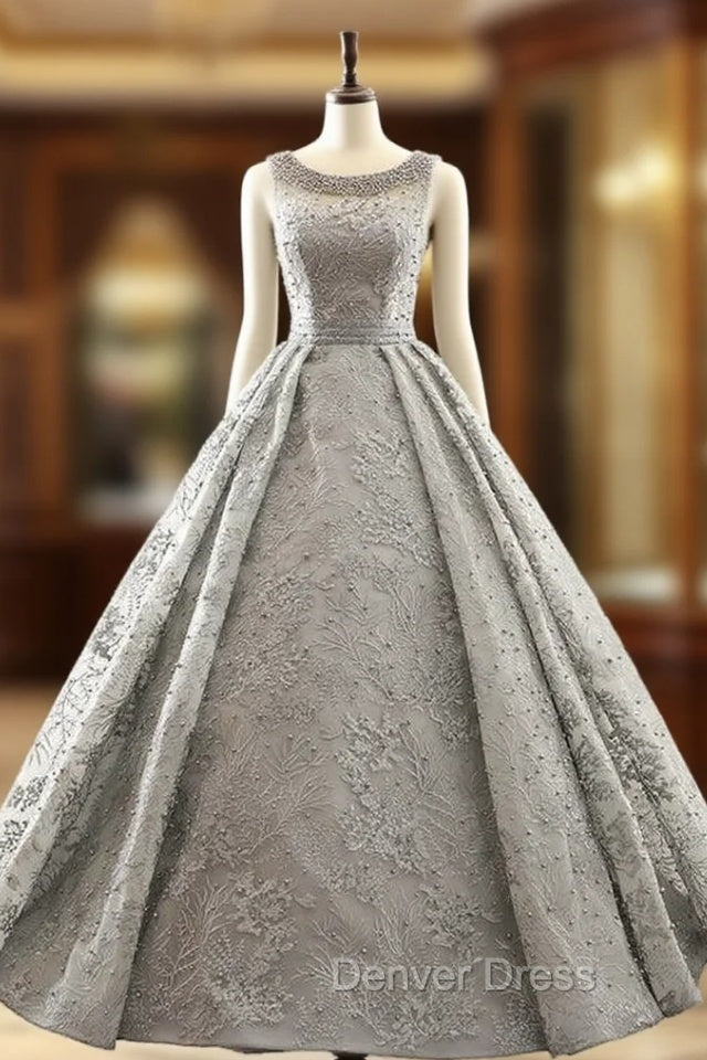 Gray Ball Gown Backless Appliques Pearls Floor Length Wedding Dresses Main image