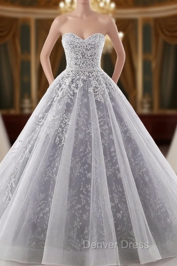Gray Ball Gown Sweetheart Tulle Appliques With Sash Wedding Dresses Main image