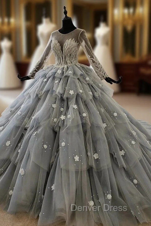 Gray Ball Gown Tulle Tiers Long Sleeve Appliques Beading Wedding Dresses Main image