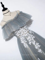 Gray Blue A Line Tulle Lace Long Prom Dress, Gray Blue Graduation Dresses