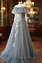 Gray Blue A Line Tulle Lace Long Prom Dress, Gray Blue Graduation Dresses
