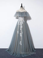 Gray Blue A Line Tulle Lace Long Prom Dress, Gray Blue Graduation Dresses