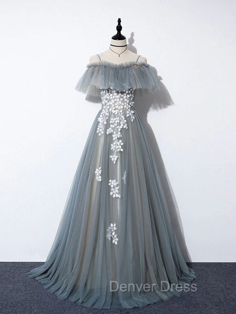Gray Blue A Line Tulle Lace Long Prom Dress, Gray Blue Graduation Dresses