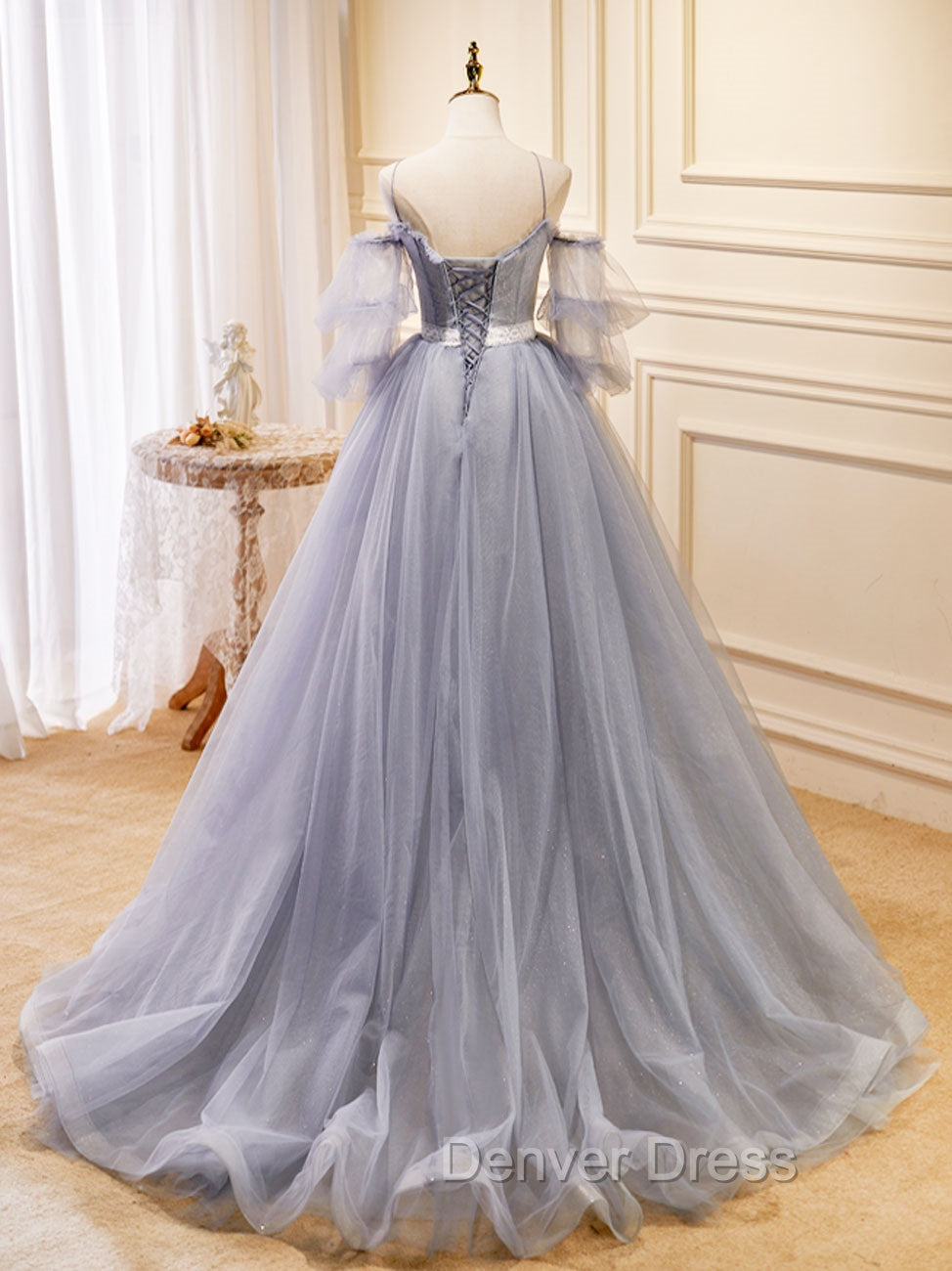 Gray Blue A Line Tulle Lace Long Prom Dress, Gray Blue Prom Graduation Dresses