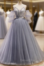 Gray Blue A-Line Tulle Lace Long Prom Dresses, Gray Blue Formal Graduation Dresses