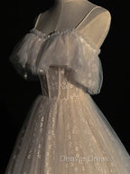 Gray blue/champagne  Tulle Long Prom Dresses, Tulle Formal Graduation Dresses