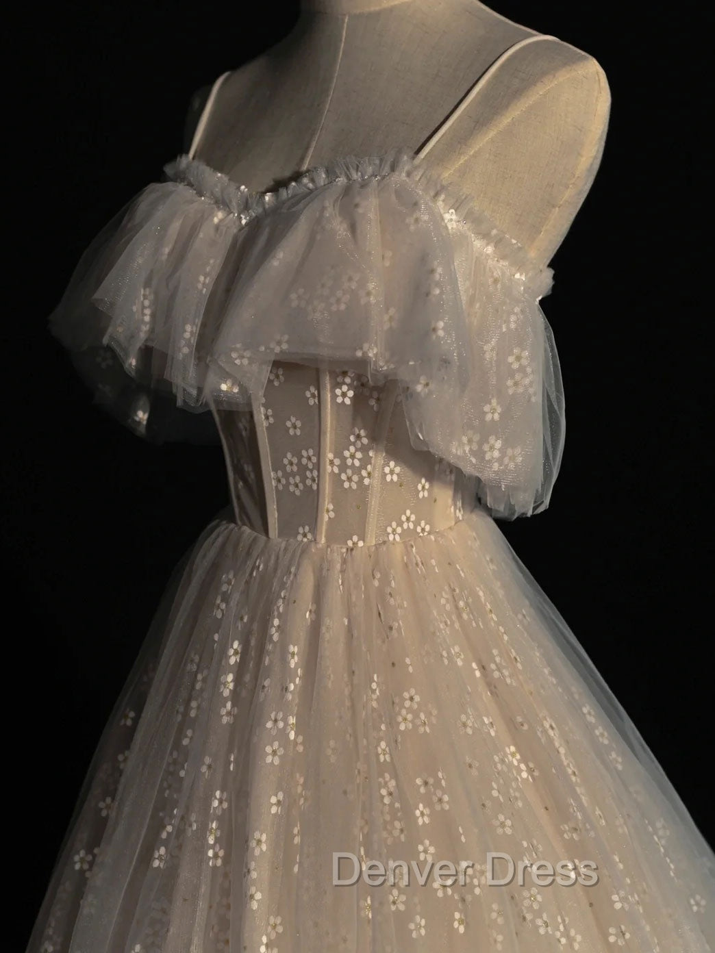 Gray blue/champagne  Tulle Long Prom Dresses, Tulle Formal Graduation Dresses