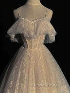 Gray blue/champagne  Tulle Long Prom Dresses, Tulle Formal Graduation Dresses