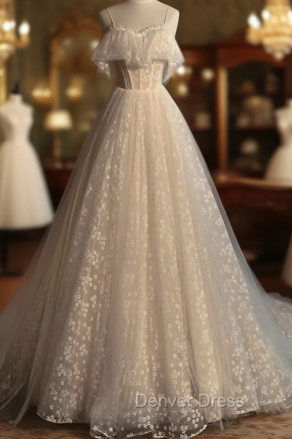 Gray blue/champagne  Tulle Long Prom Dresses, Tulle Formal Graduation Dresses Main image