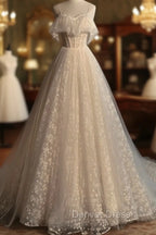 Gray blue/champagne  Tulle Long Prom Dresses, Tulle Formal Graduation Dresses