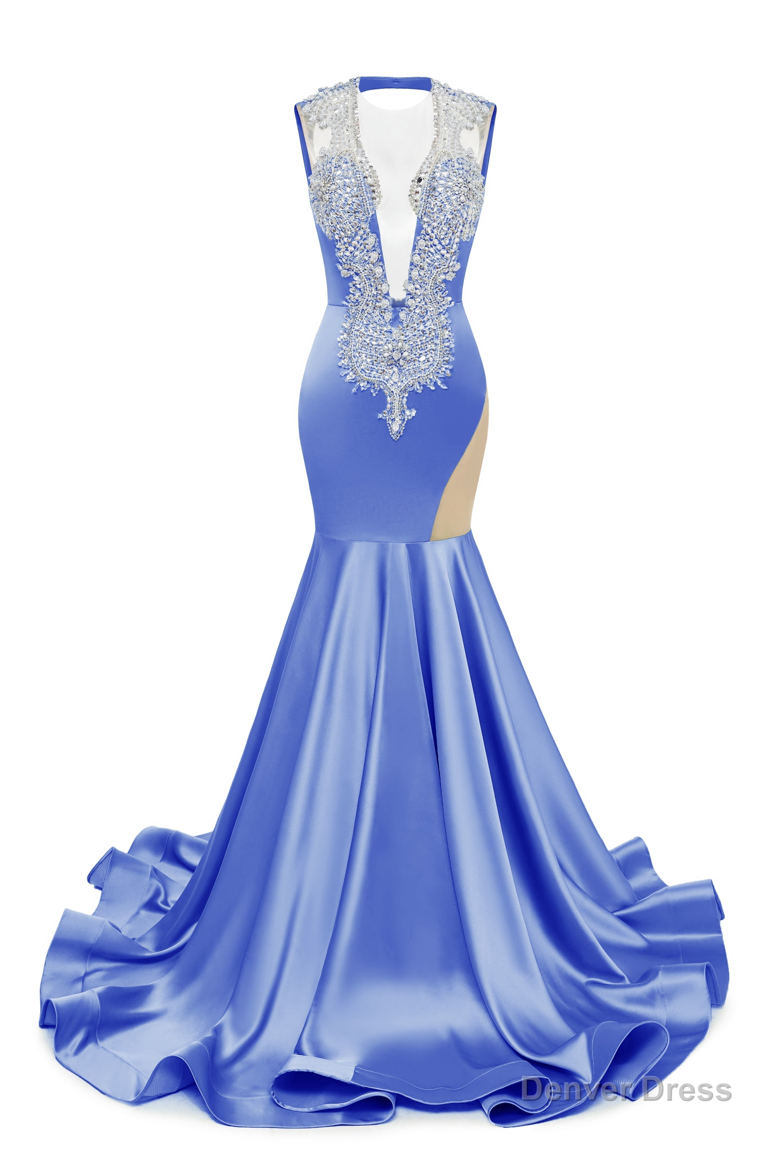 Gray Blue Deep V Neck Mermaid Satin Prom Dresses Sparkly Beaded Pageant Crystals Evening Formal Dresses Secondary image