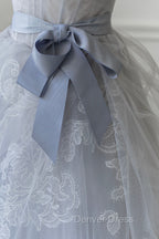 Gray Blue Lace Long Prom Dresses, Strapless Evening Party Dresses