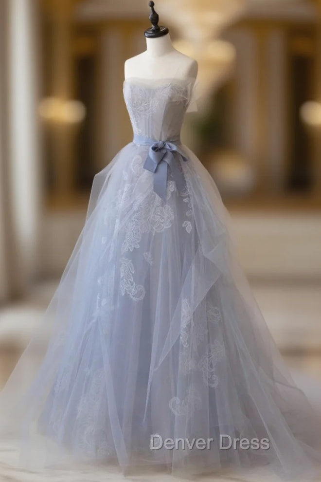 Gray Blue Lace Long Prom Dresses, Strapless Evening Party Dresses