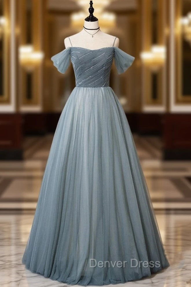 Gray Blue Spaghetti Strap Tulle Floor Length Prom Dresses, Off Shoulder Evening Party Dresses