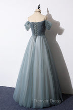 Gray Blue Spaghetti Strap Tulle Floor Length Prom Dress, Off Shoulder Prom Dresses