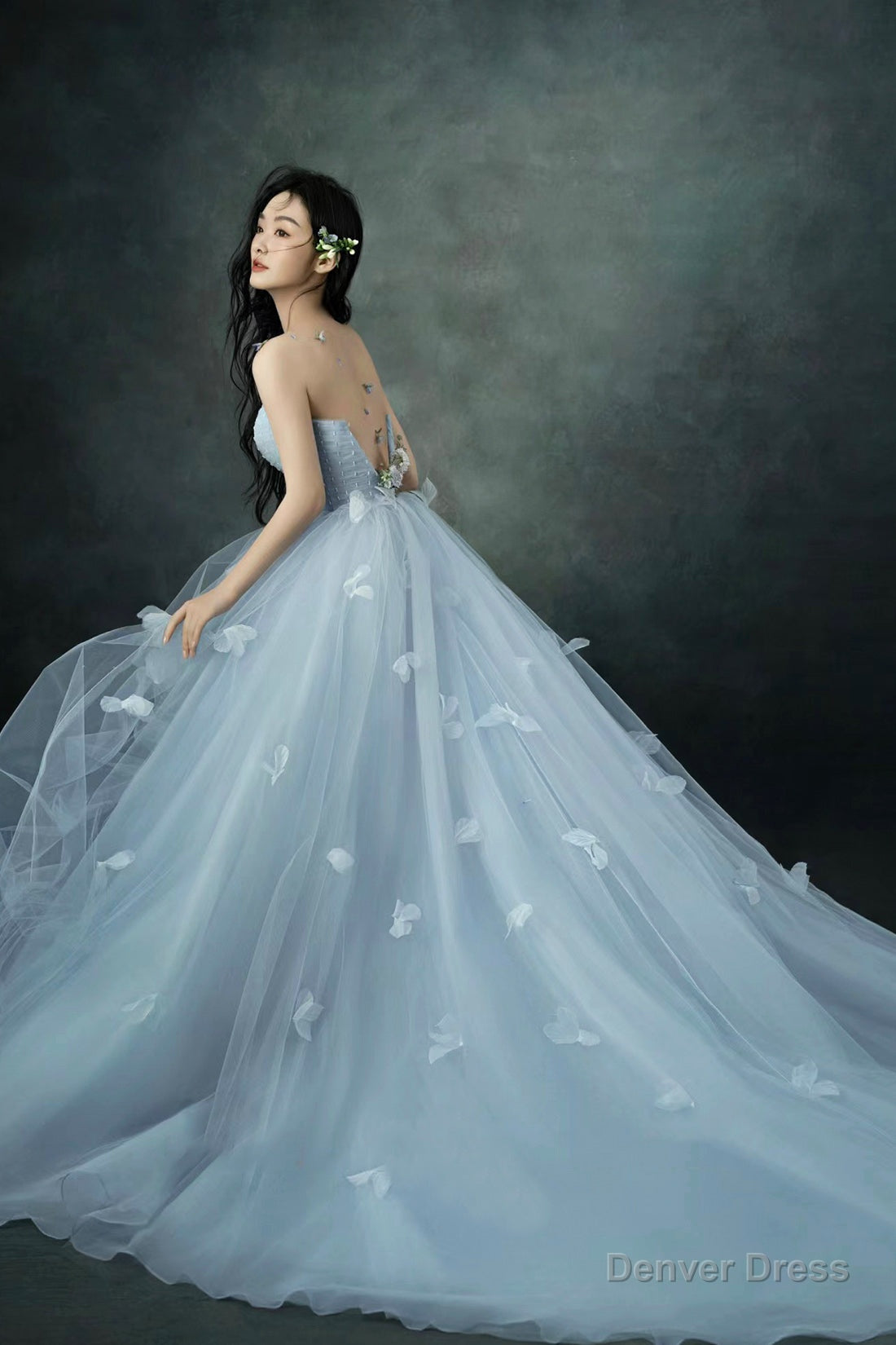 Gray Blue Strapless Tulle Long Prom Dress, Beautiful A-Line Evening Party Dress Secondary image