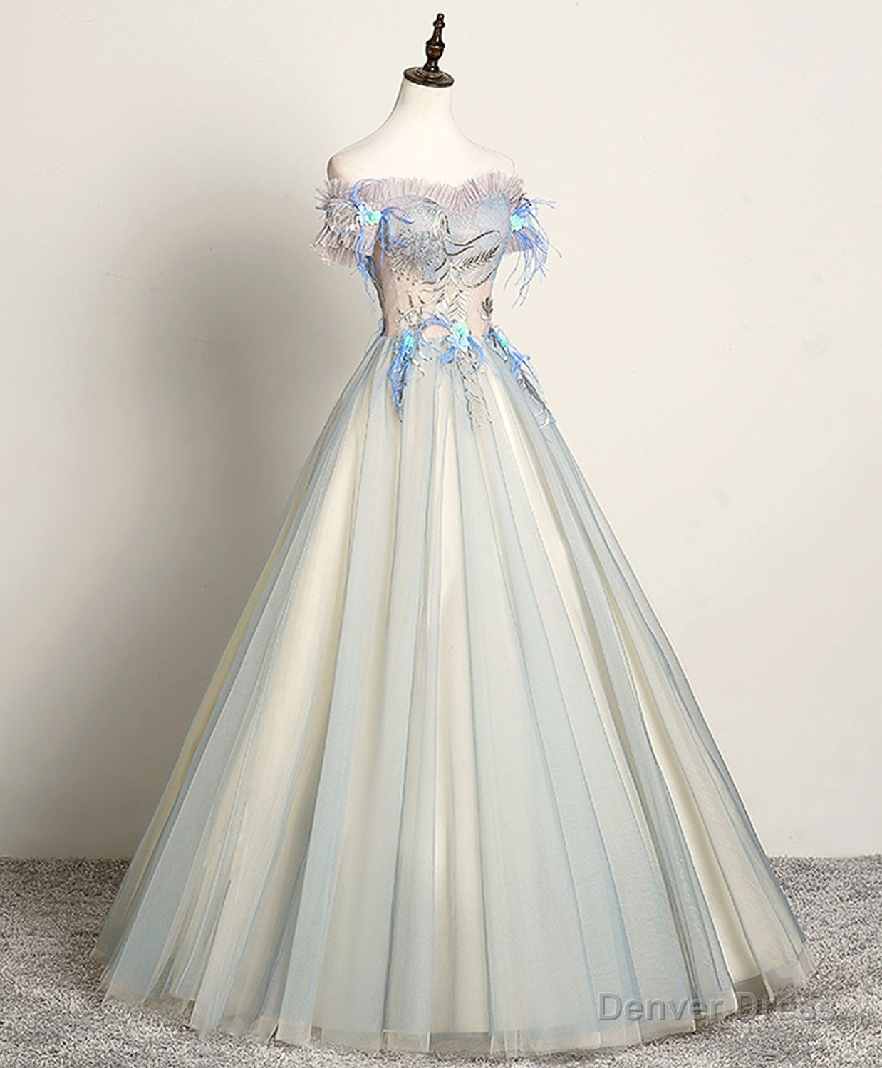 Gray Blue Sweetheart Lace Long Prom Dress, Gray Blue Tulle Evening Dress Main image