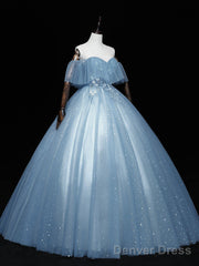 Gray Blue Tulle Lace Long Prom Dress, Gray Blue Tulle Evening Dress