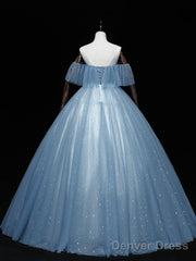 Gray Blue Tulle Lace Long Prom Dress, Gray Blue Tulle Evening Dress