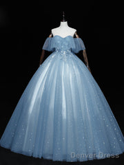 Gray Blue Tulle Lace Long Prom Dress, Gray Blue Tulle Evening Dress