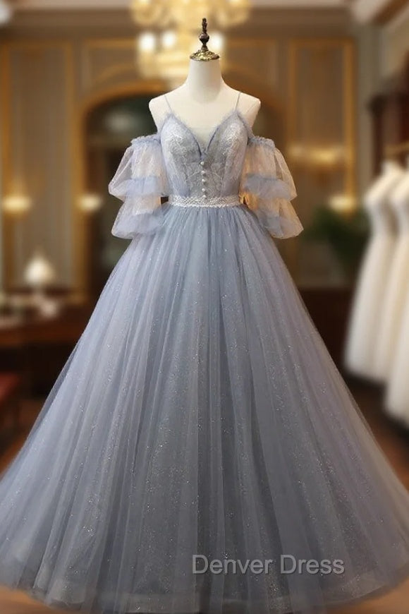 Gray Blue Tulle Lace Short Sleeve Prom Dresses Main image