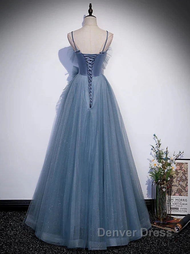 Gray Blue Tulle Long Prom Dresses A Line Evening Dresses Formal Dresses December Wedding Guest Dresses Secondary image