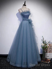 Gray Blue Tulle Long Prom Dress A Line Evening Dress Formal Dress December Wedding Guest Dress