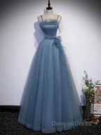 Gray Blue Tulle Long Prom Dresses A Line Evening Dresses Formal Dresses December Wedding Guest Dresses