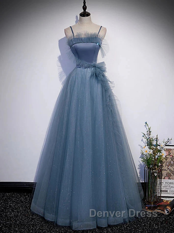 Gray Blue Tulle Long Prom Dresses A Line Evening Dresses Formal Dresses December Wedding Guest Dresses