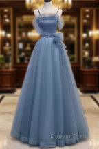 Gray Blue Tulle Long Prom Dresses A Line Evening Dresses Formal Dresses December Wedding Guest Dresses