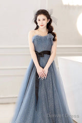 Gray Blue Tulle Long Prom Dress, Beautiful A-Line Strapless Evening Dress
