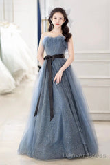 Gray Blue Tulle Long Prom Dress, Beautiful A-Line Strapless Evening Dress