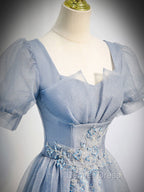 Gray Blue Tulle Long Prom Dresses, Gray Blue Tulle Formal Evening Dresses