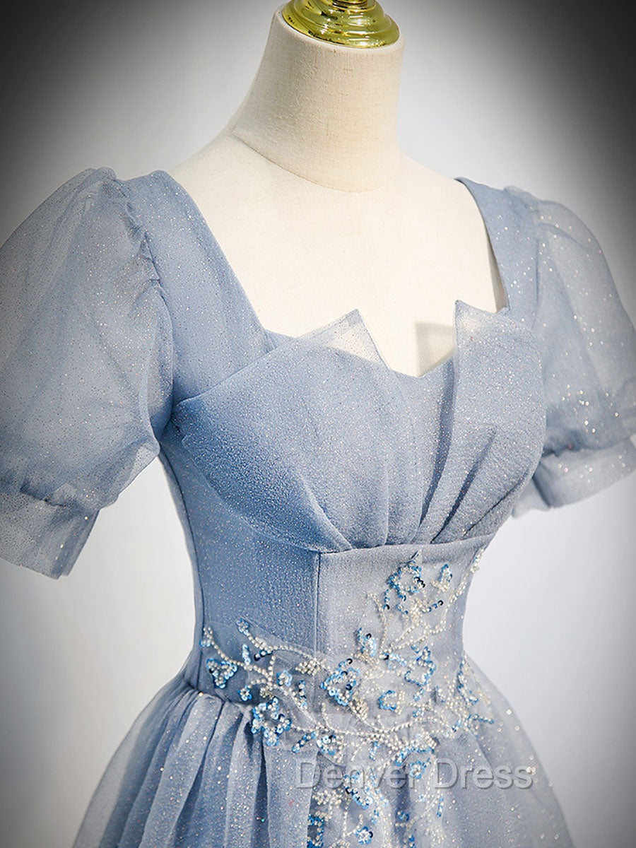 Gray Blue Tulle Long Prom Dresses, Gray Blue Tulle Formal Evening Dresses