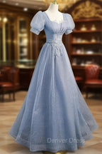 Gray Blue Tulle Long Prom Dress, Gray Blue Tulle Prom Dresses