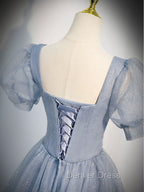 Gray Blue Tulle Long Prom Dresses, Gray Blue Tulle Formal Evening Dresses