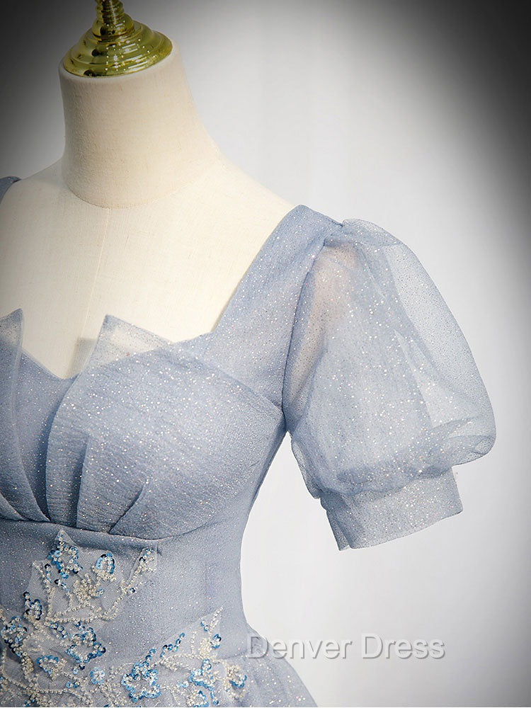 Gray Blue Tulle Long Prom Dresses, Gray Blue Tulle Formal Evening Dresses